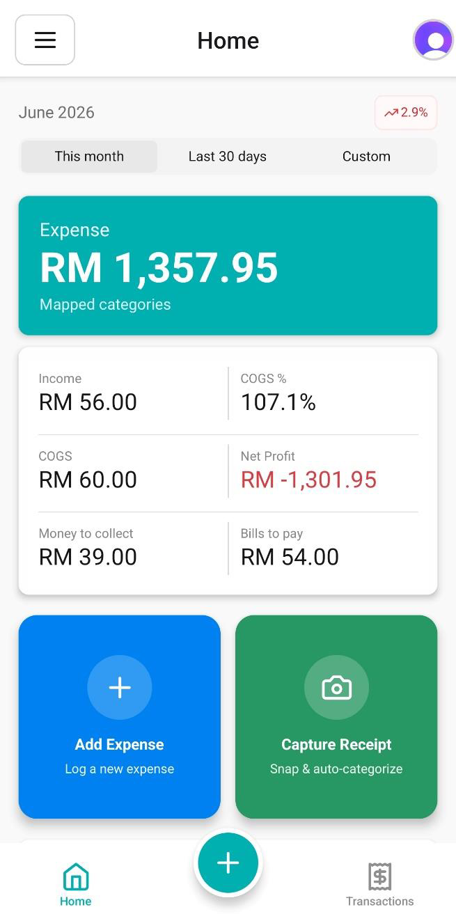 NiagaKira home screen showing the month's expense total, income, cost of goods and net profit, with shortcuts to add an expense or capture a receipt